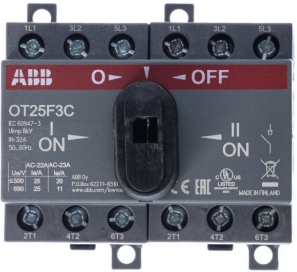 Реверсивный рубильник OT25F3С до 25А 3х-полюсный для установки на DIN-рейку или монтажную плату (с резерв. ручкой), 1SCA104863R1001 в Санкт-Петербурге Реверсивный рубильник OT25F3С до 25А 3х-полюсный для установки на DIN-рейку или монтажную плату (с резерв. ручкой), 1SCA104863R1001 в Санкт-Петербурге